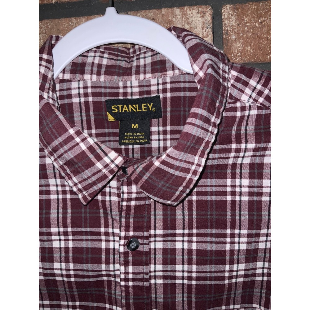 Stanley Mens Plaid Button Down Shirt Burgundy White Long Sleeve Medium M - Picture 3 of 4